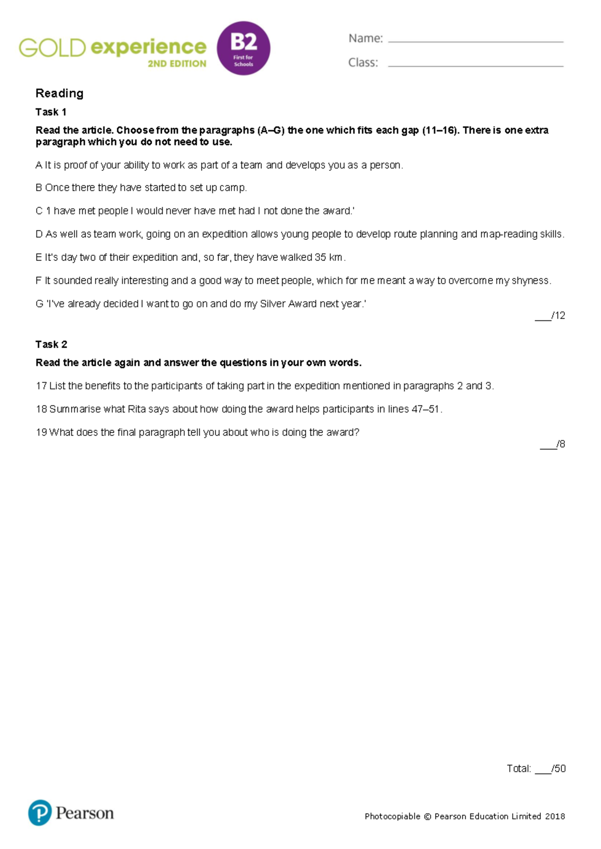 Gold Exp B2 Unit 1 Skills Test A: Reading Task & Expedition Benefits ...