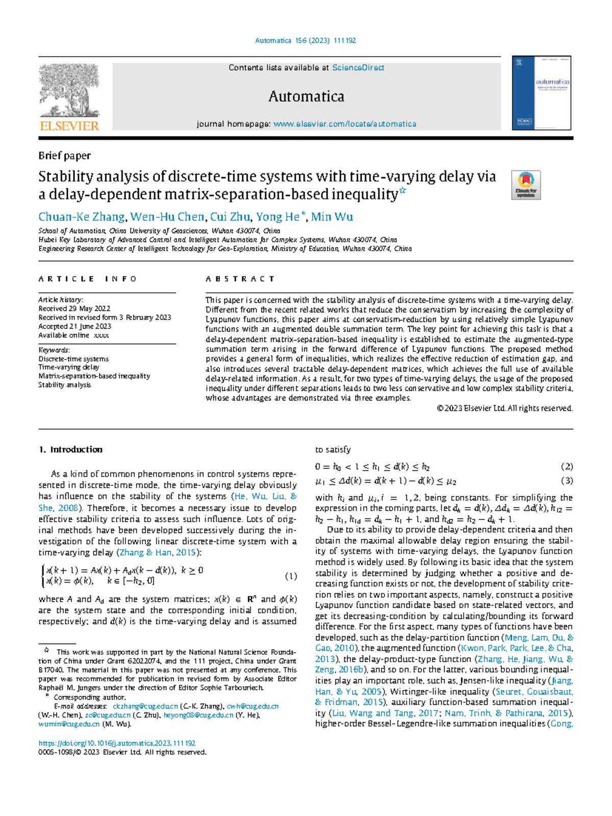 Stability Analysis of Delayed Systems via MSBI: Automatica 156 (2023 ...