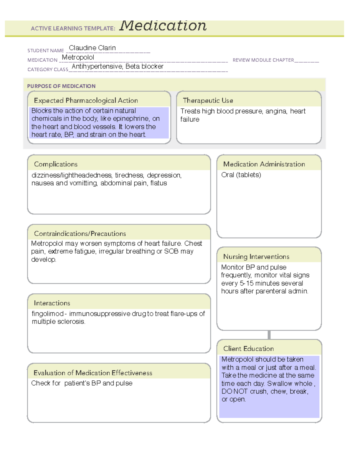 ATI - Medication 2 - template - Medication STUDENT NAME