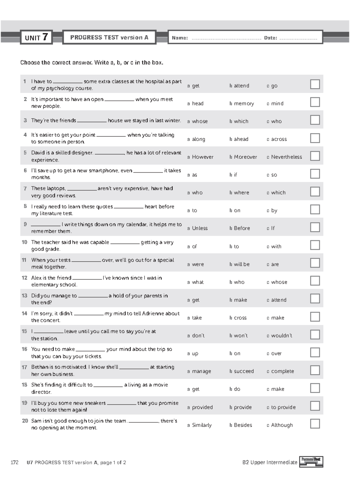 U7-11 Multiple Choice Progress Test for B2 Upper Intermediate - Studocu
