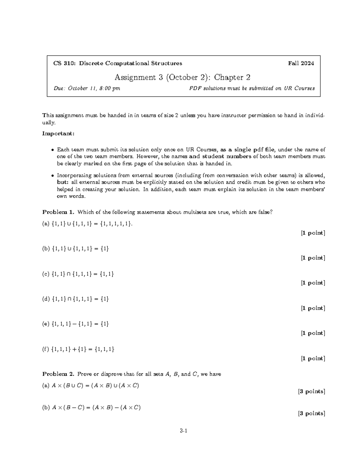 CS 310: Discrete Computational Structures Fall 2024 Assignment 3 ...