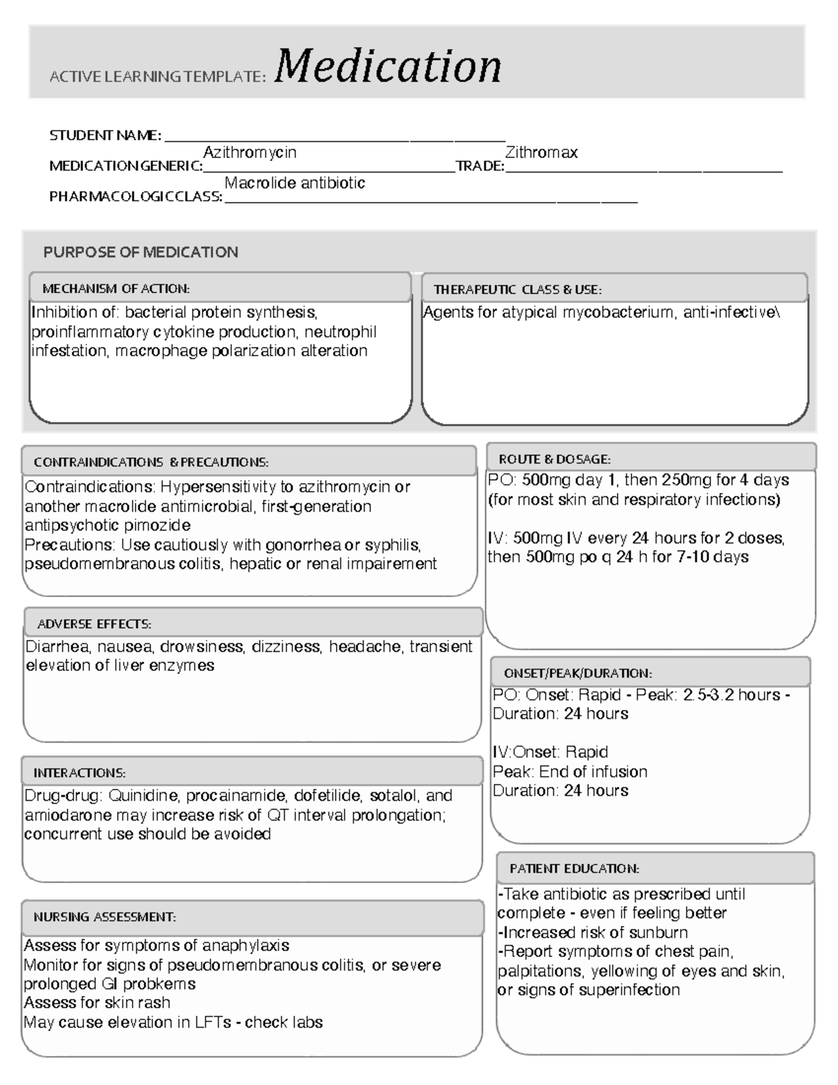 Azithromycin (Zithromax) Medication Card for Nursing Students - Studocu