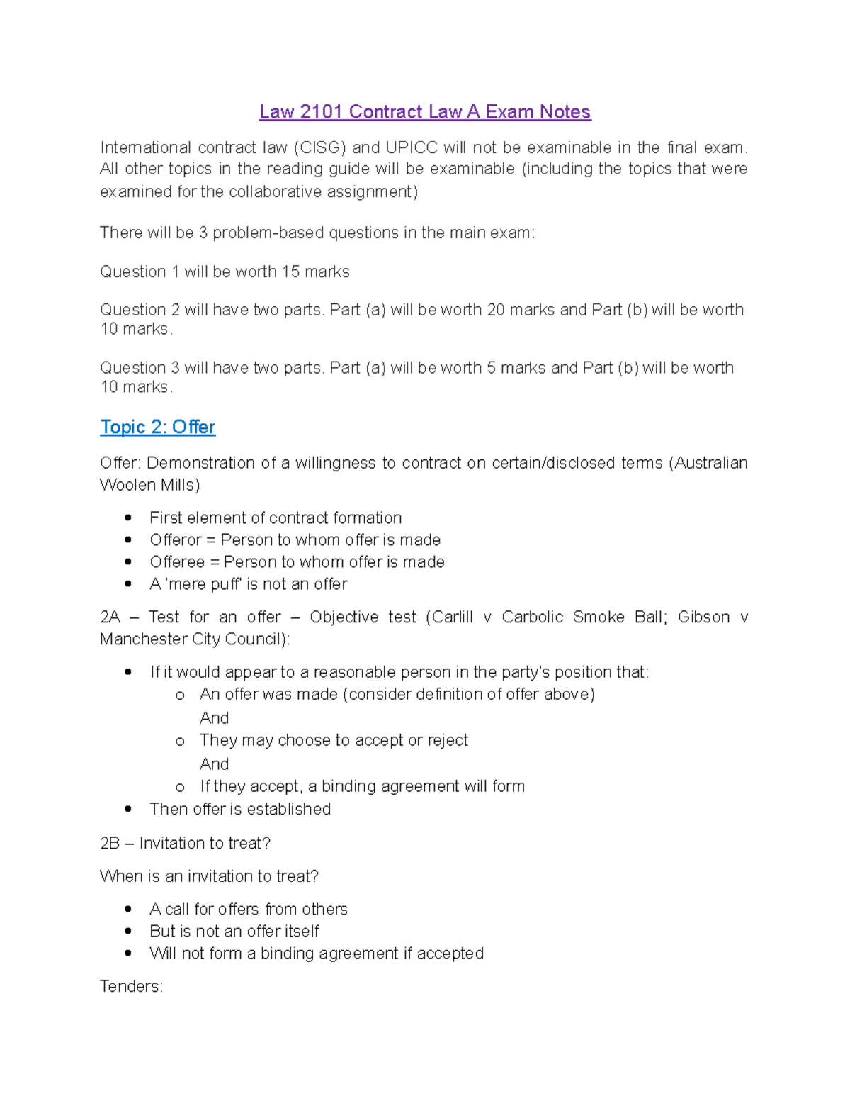 Contract Law A Law 2101 Final Exam Notes on Key Topics - Studocu