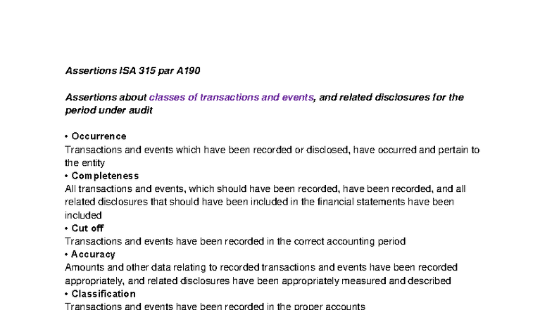 Assertions ISA 315 A190: Transaction & Account Balance Assertions - Studocu