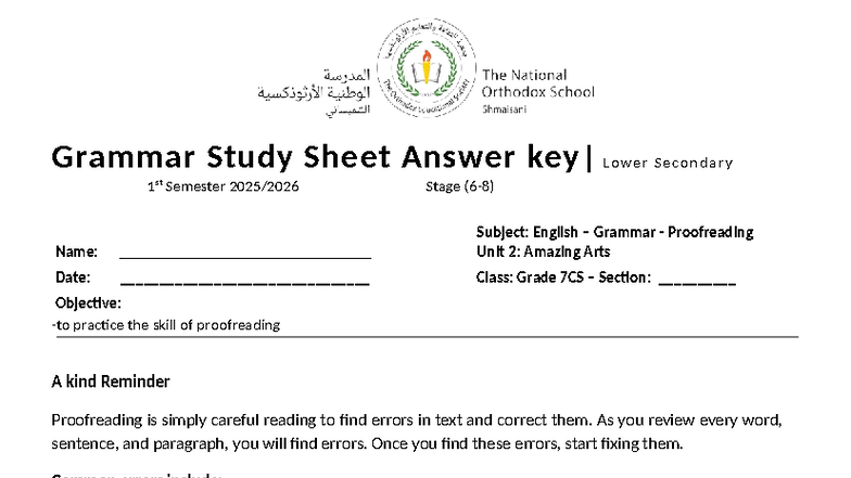 G7 - U2: English Grammar Proofreading Study Sheet Answer Key - Studocu