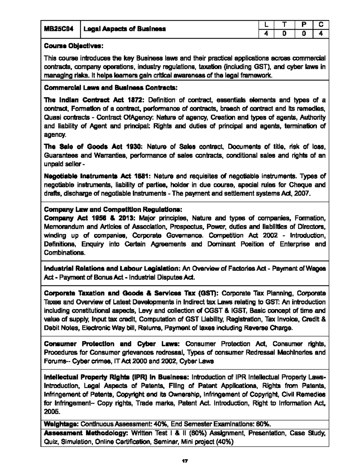 LTPC MB25C04 Legal Aspects of Business Syllabus Overview - Studocu