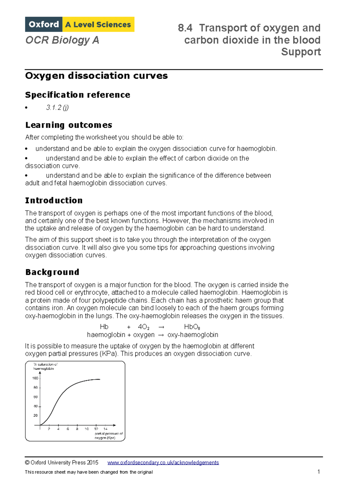 L05 OCR Biology A Oxygen Dissociation Curve Support Worksheet - Studocu