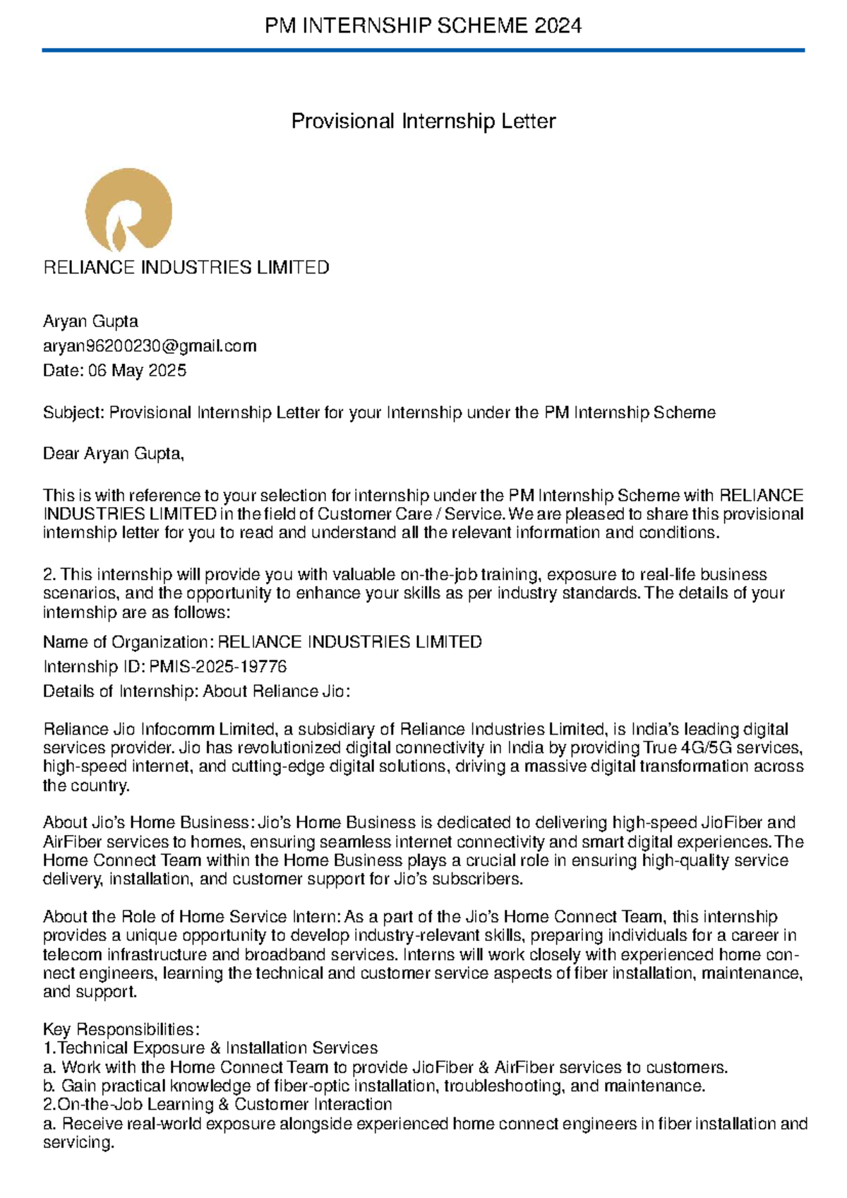 PM Internship Scheme 2024: Provisional Internship Letter from Reliance ...