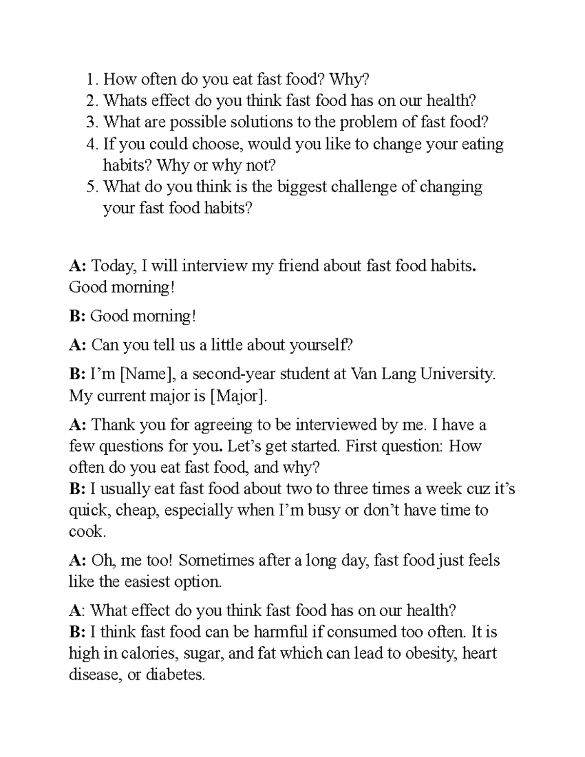 Fast Food Habits Interview: Insights & Health Impacts - Studocu