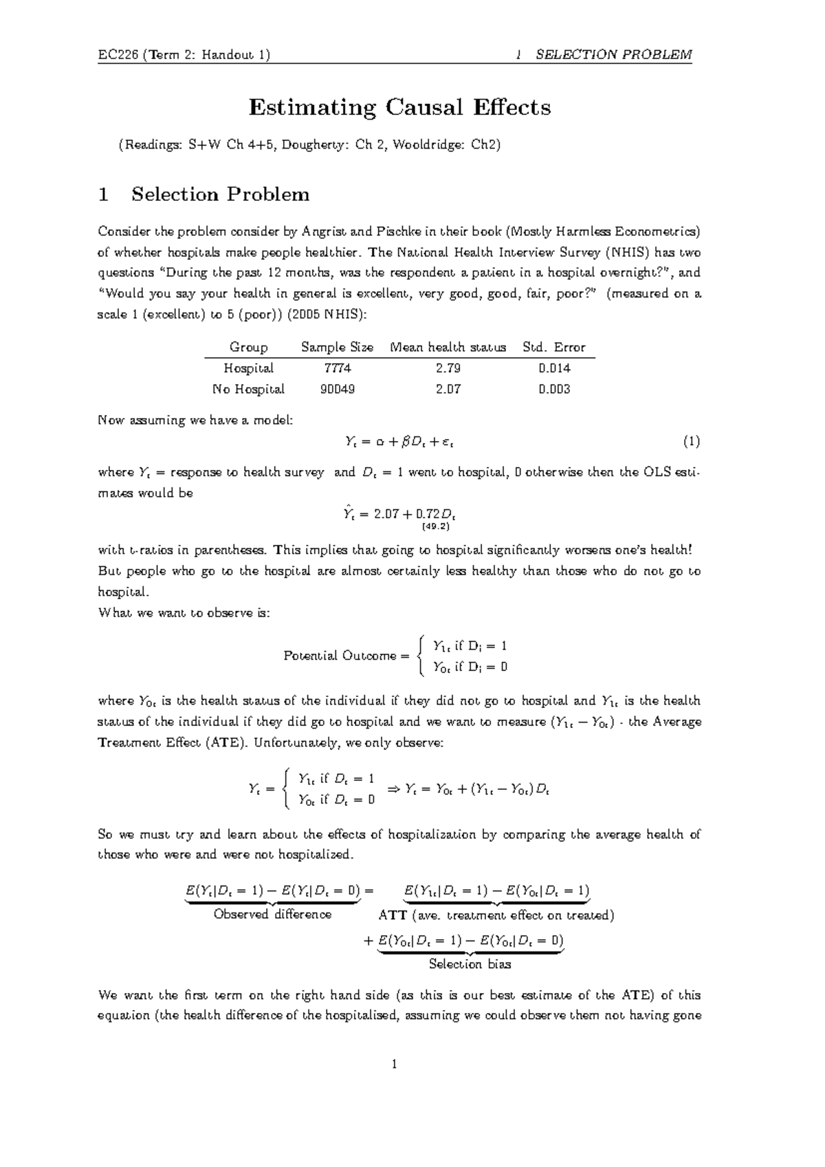 Econometrics, regression - EC226 (Term 2: Handout 1) 1 SELECTION ...