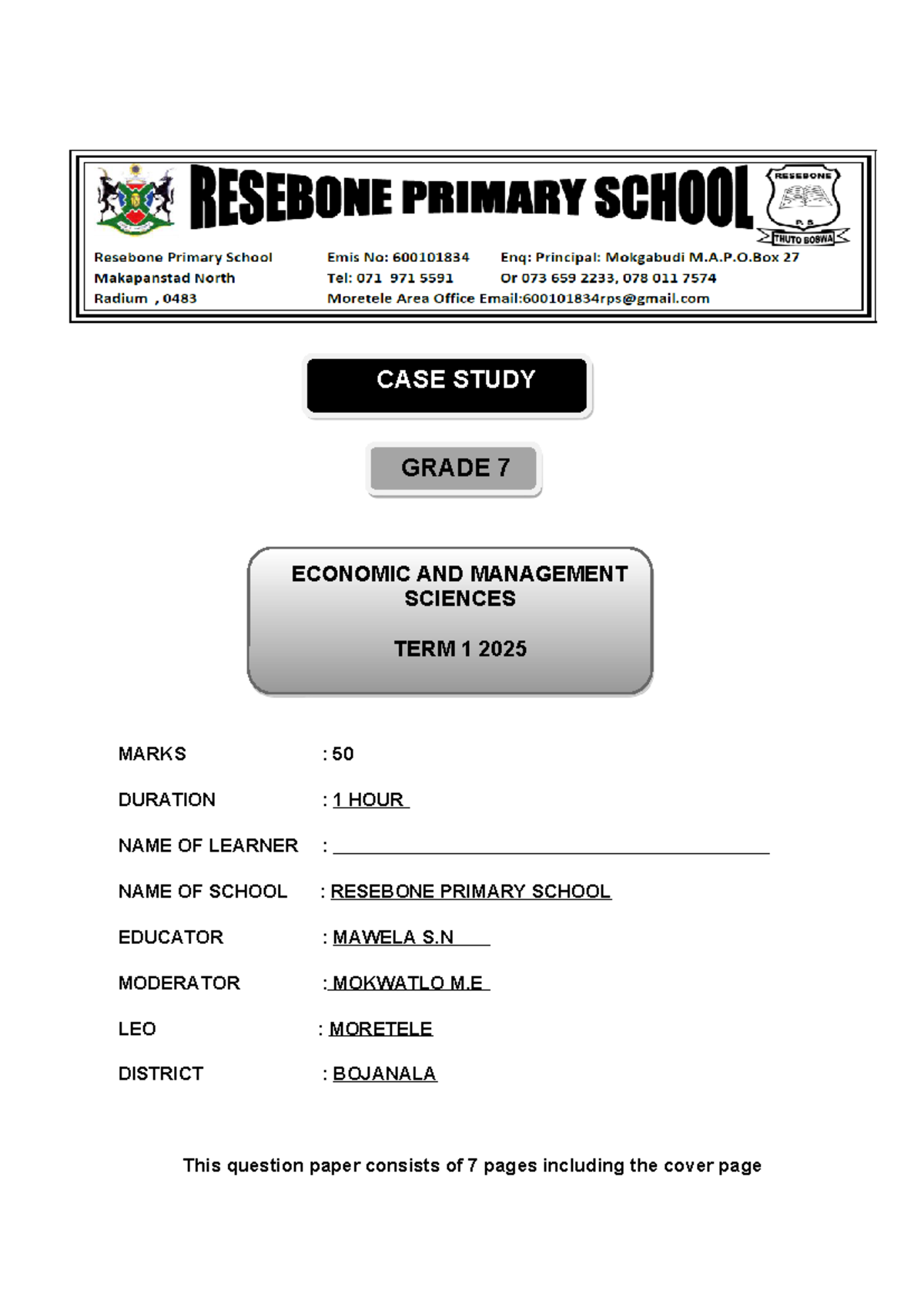 Grade 7 EMS Case Study - Term 1 2025 Question Paper - Studocu