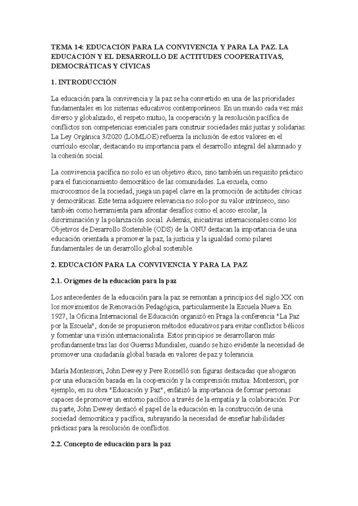 TEMA 14: CONVIVENCIA Y EDUCACIÓN PARA LA PAZ EN EL CURRÍCULO - Studocu
