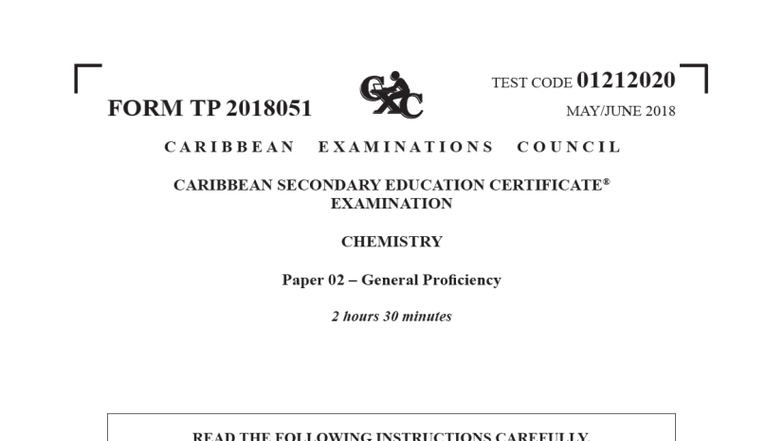 CSEC Chemistry P2 2018 Exam Paper Analysis and Results - Studocu