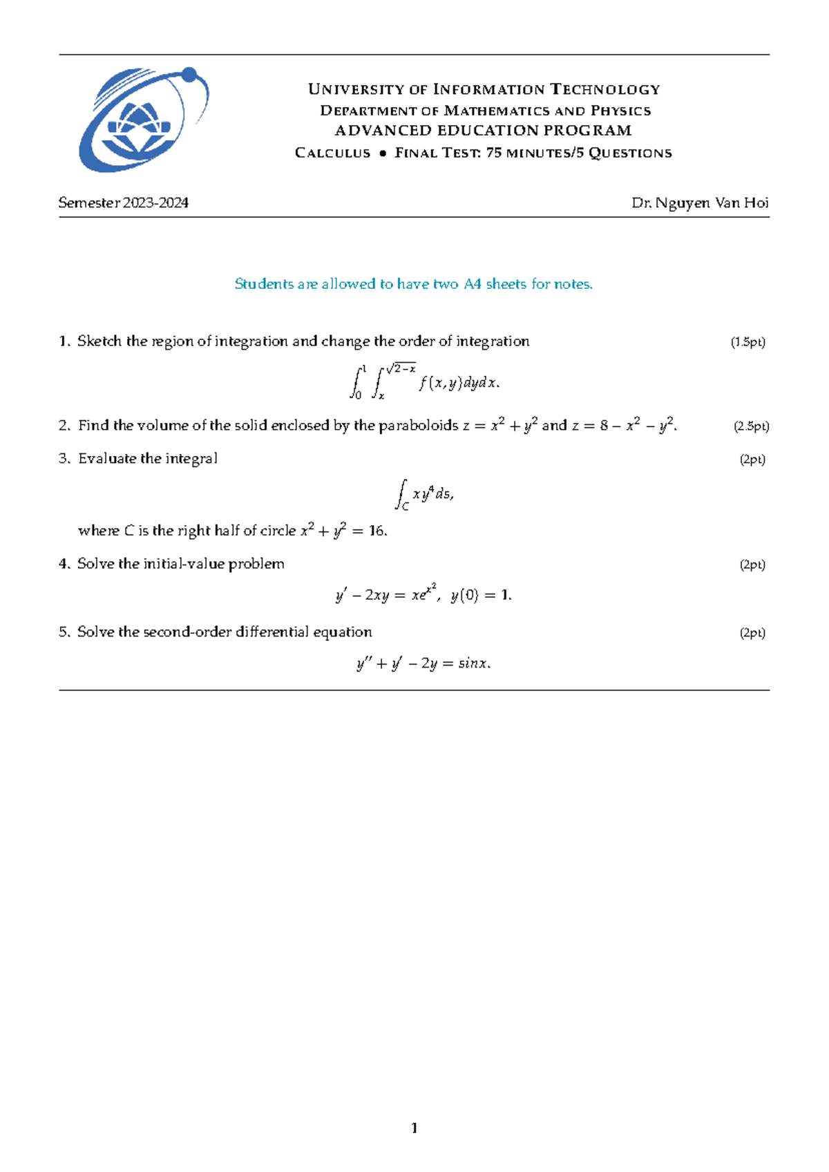 Final Test GT 22-23 - UNIVERSITY OF INFORMATION TECHNOLOGY DEPARTMENT ...