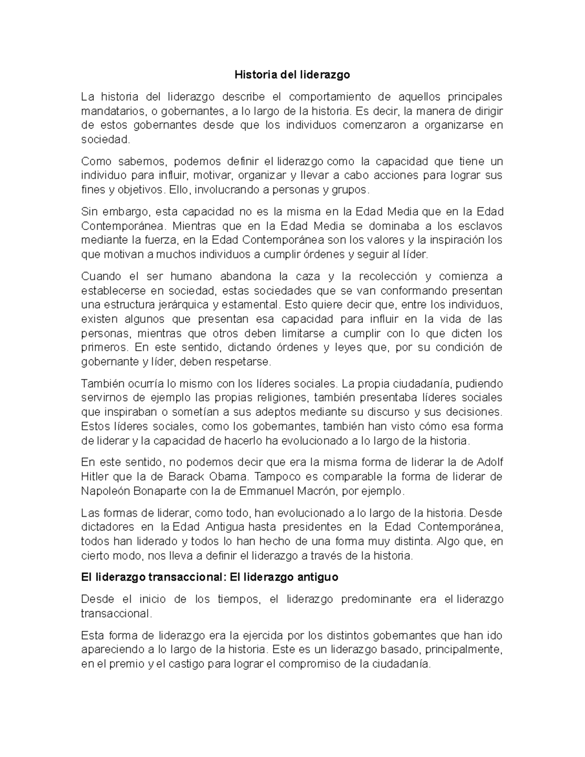 Historia del liderazgo: Evolución y Tipos a través del Tiempo - Studocu