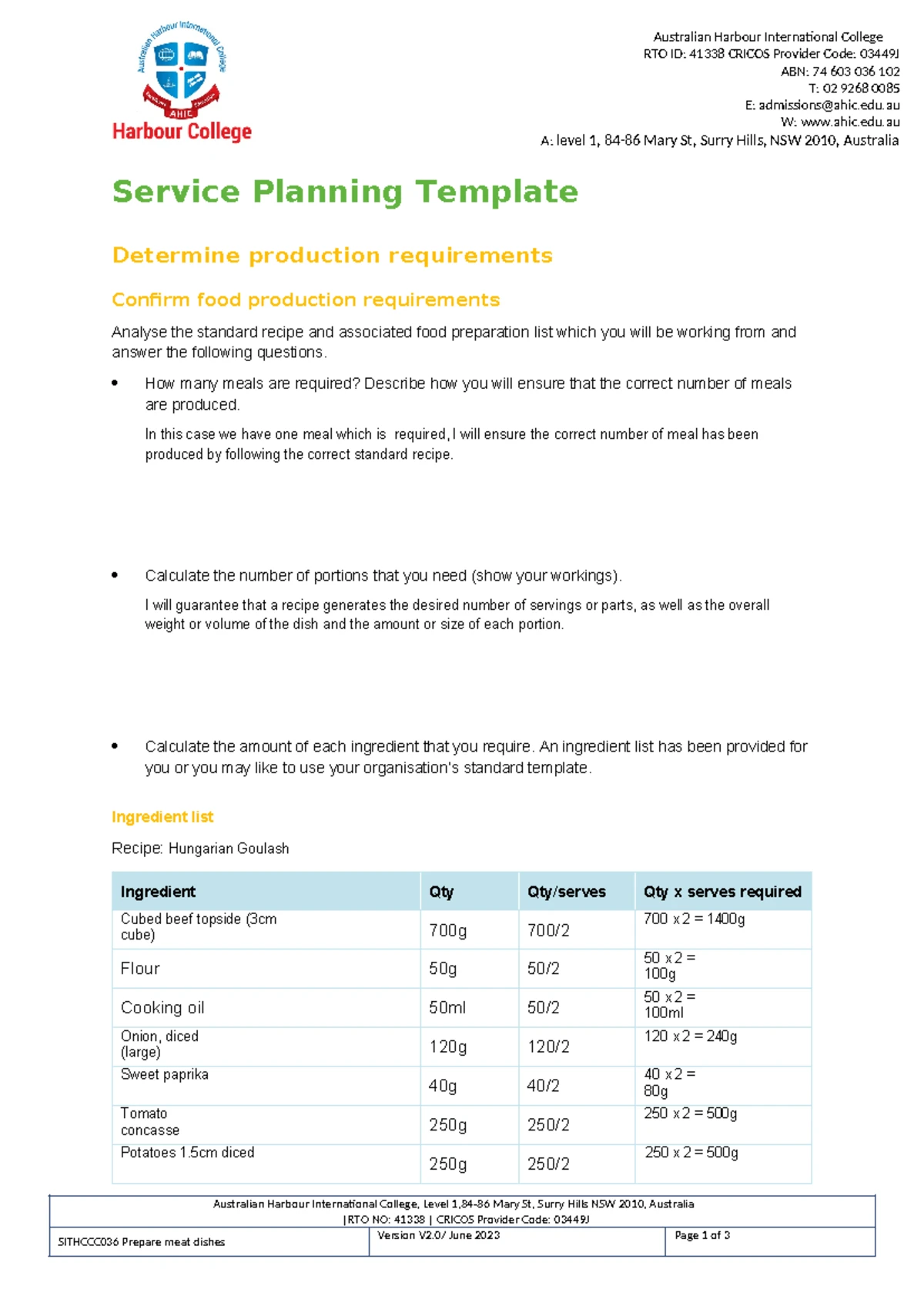 SITHCCC 027 Service Planning Template for Meal Production - Studocu