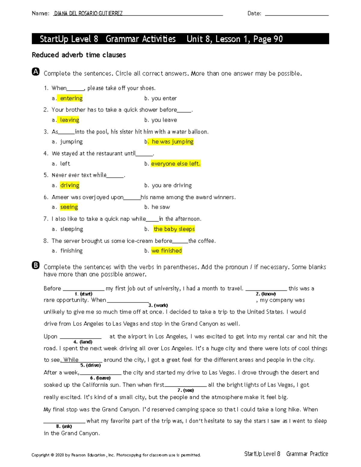 StartUp Level 8 - Grammar Practice Activities for Unit 8 Lessons 1-3 ...