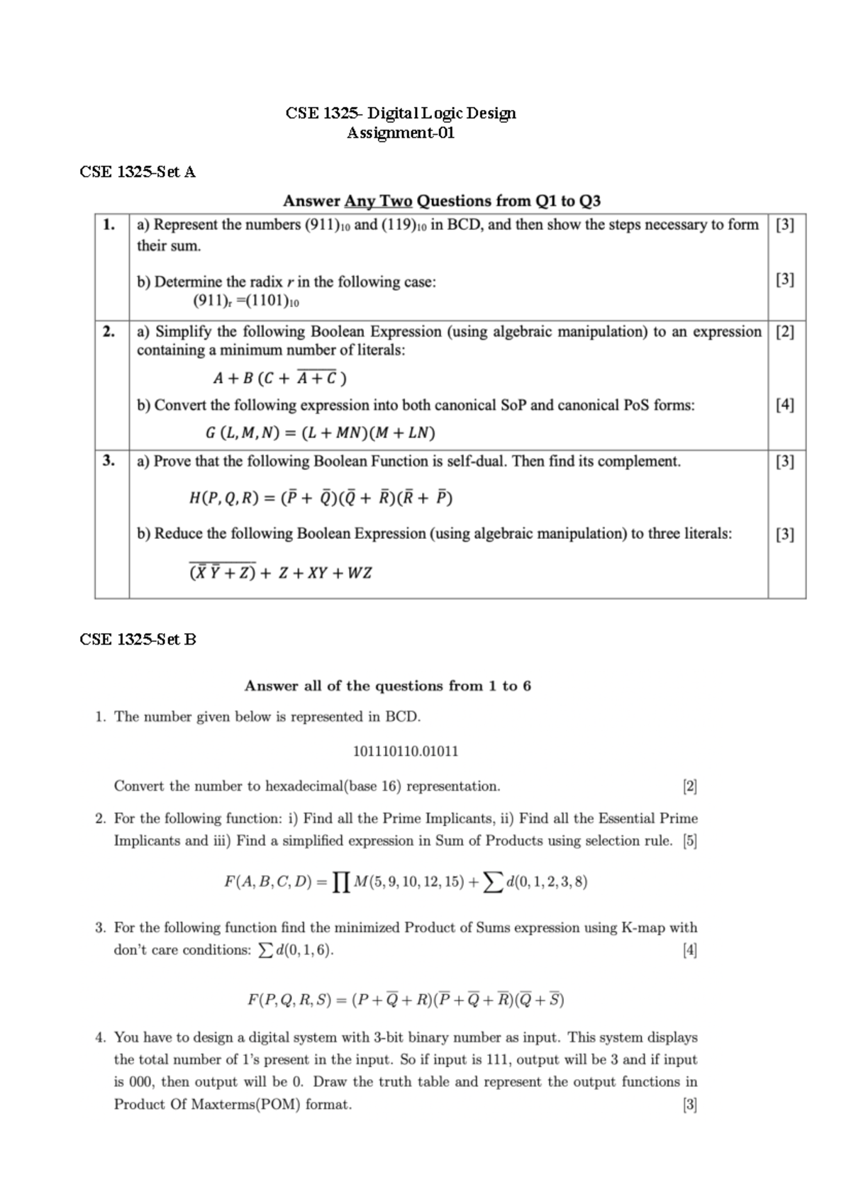 CSE-1325 Digital Logic Design - Assignment Sets A, B, and C - Studocu