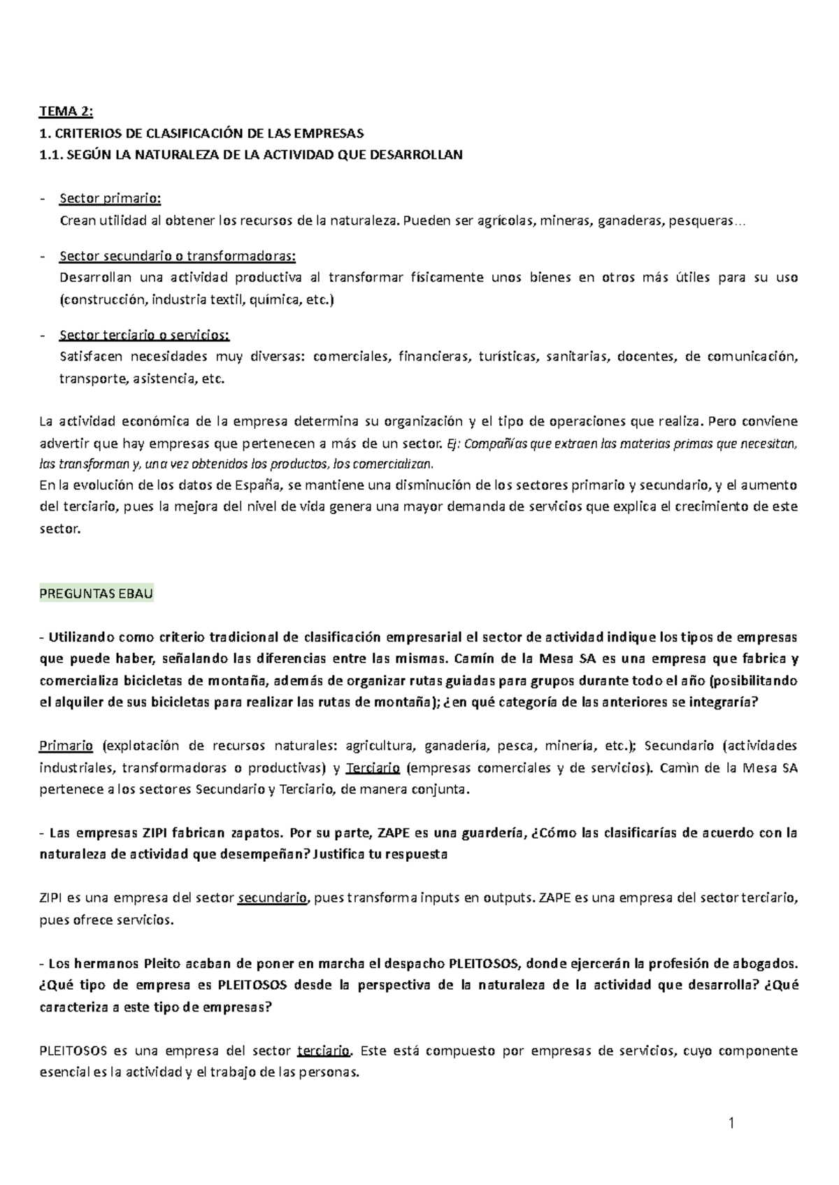 EVAU Economía - Tema 2: Clasificación de Empresas y Sociedades - Studocu