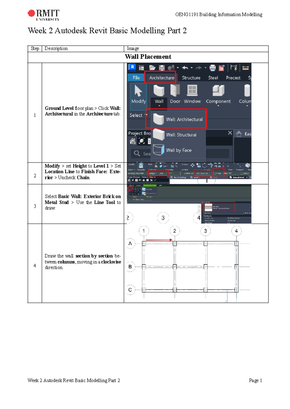 OENG1191 Week 2 Autodesk Revit Basic Modelling Steps and Instructions ...