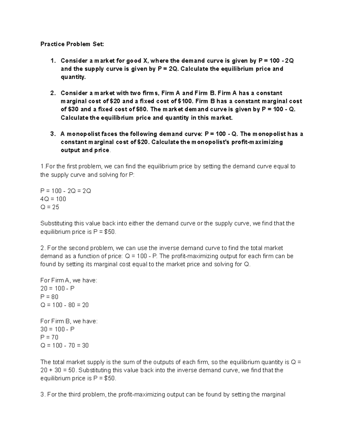 ECON200A Practice Problem Set: Demand & Supply Analysis - Studocu