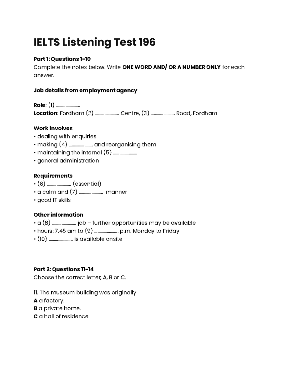 IELTS Listening Test 196: Complete Notes and Questions Guide - Studocu