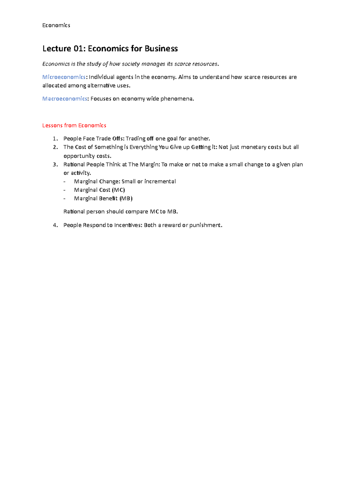 Microeconomics Summary Notes - Economics - Lecture 01: Economics for ...