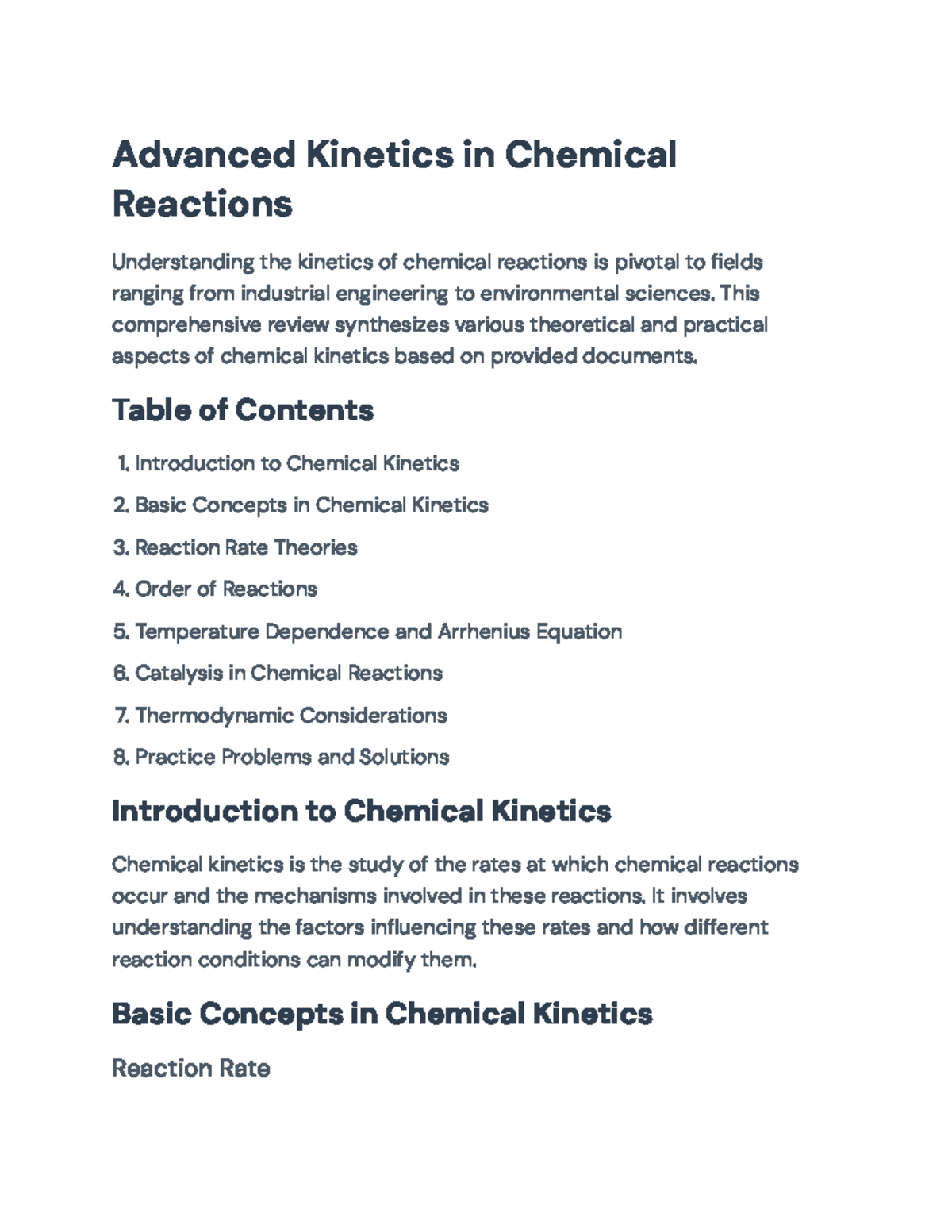Advanced Kinetics in Chemical Reactions Overview and Practice Problems ...