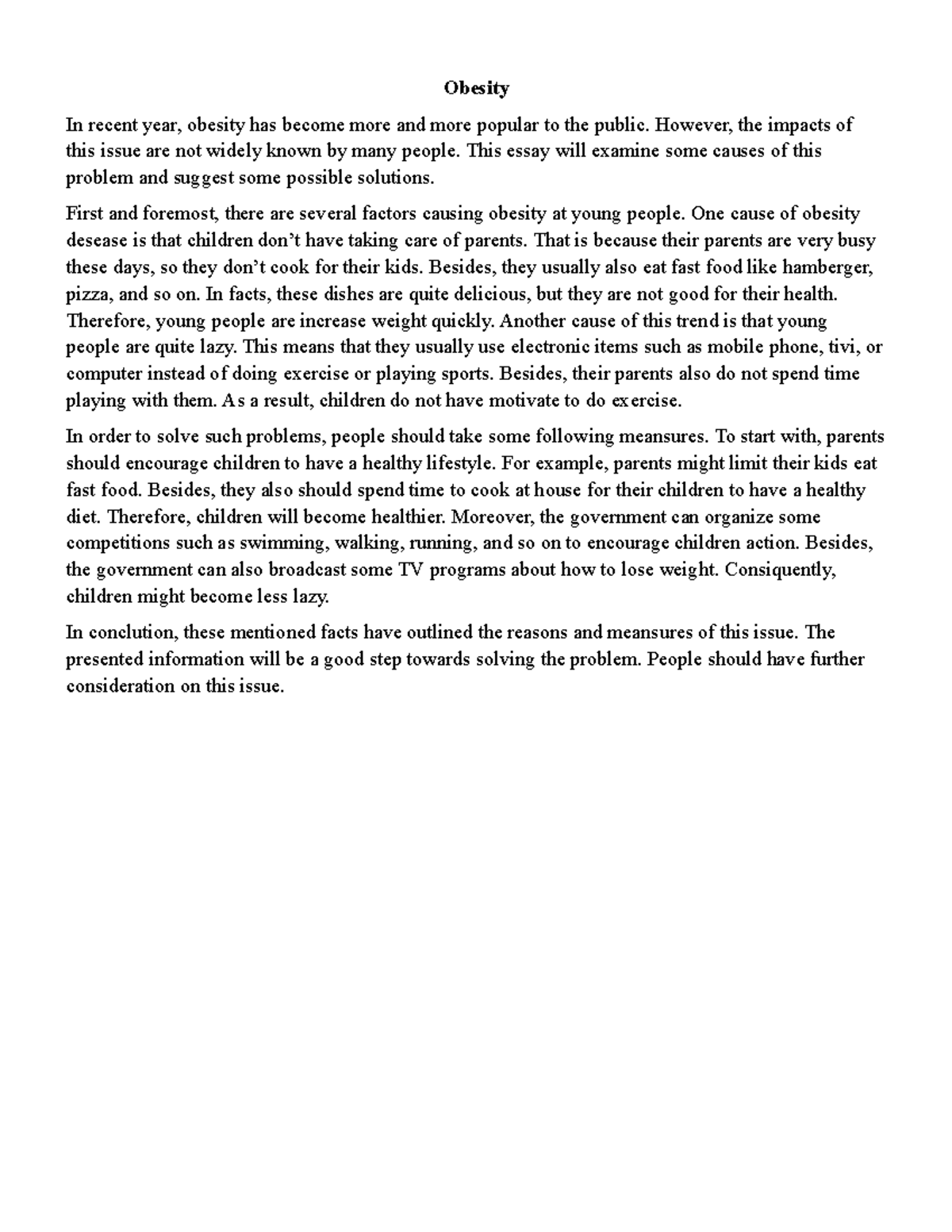 Essay on Causes of Obesity and Solutions - nnnnn - Studocu
