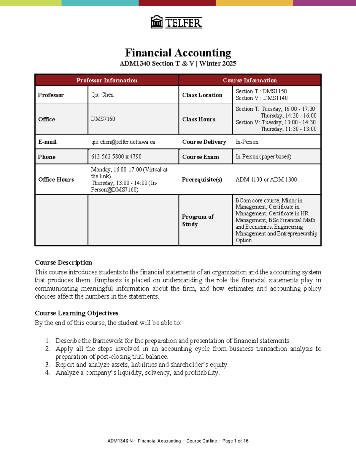 ADM1340 Financial Accounting Course Outline - Winter 2025 - Studocu