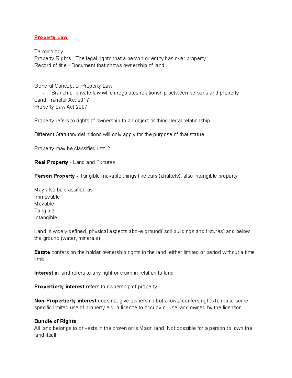 Property Law Notes: Key Concepts and Terminology (LAW 101) - Studocu