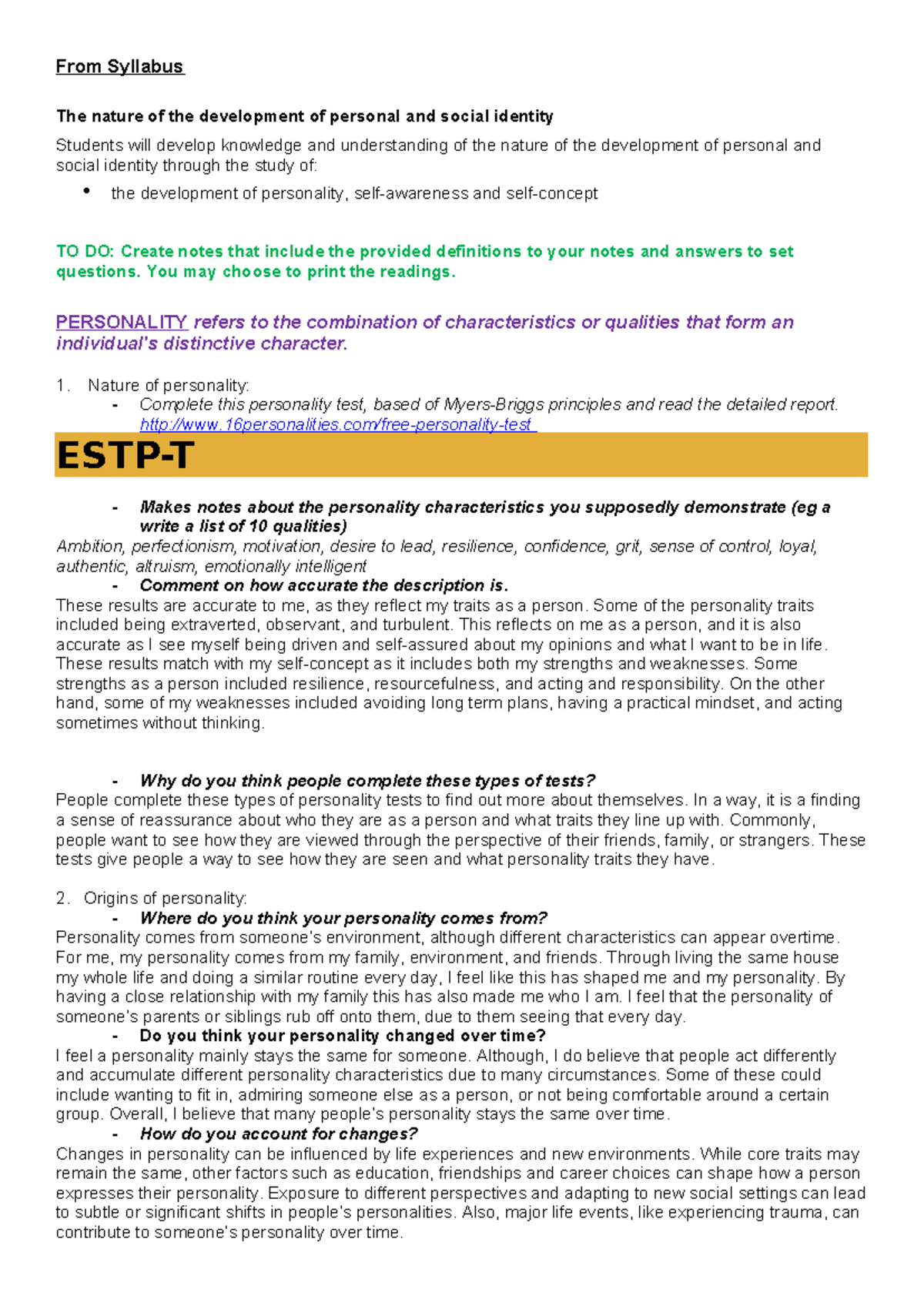Personality Development and Self-Awareness Notes (PSY 101) - Studocu