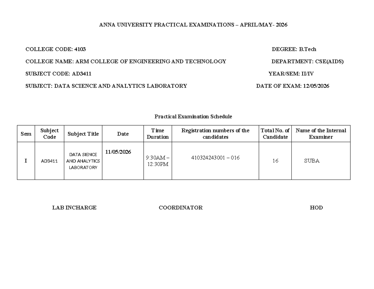 FDSA schedule - Study - ANNA UNIVERSITY PRACTICAL EXAMINATIONS – APRIL ...