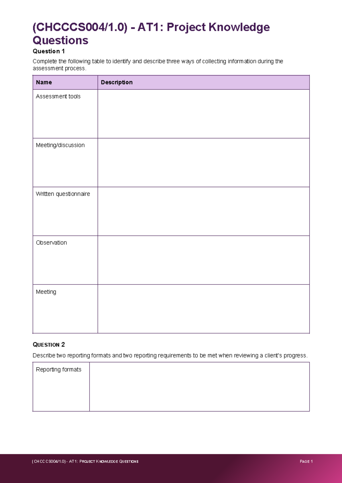 Chcccs 004 1.0 - AT1 Project Knowledge Questions on Assessment Process ...