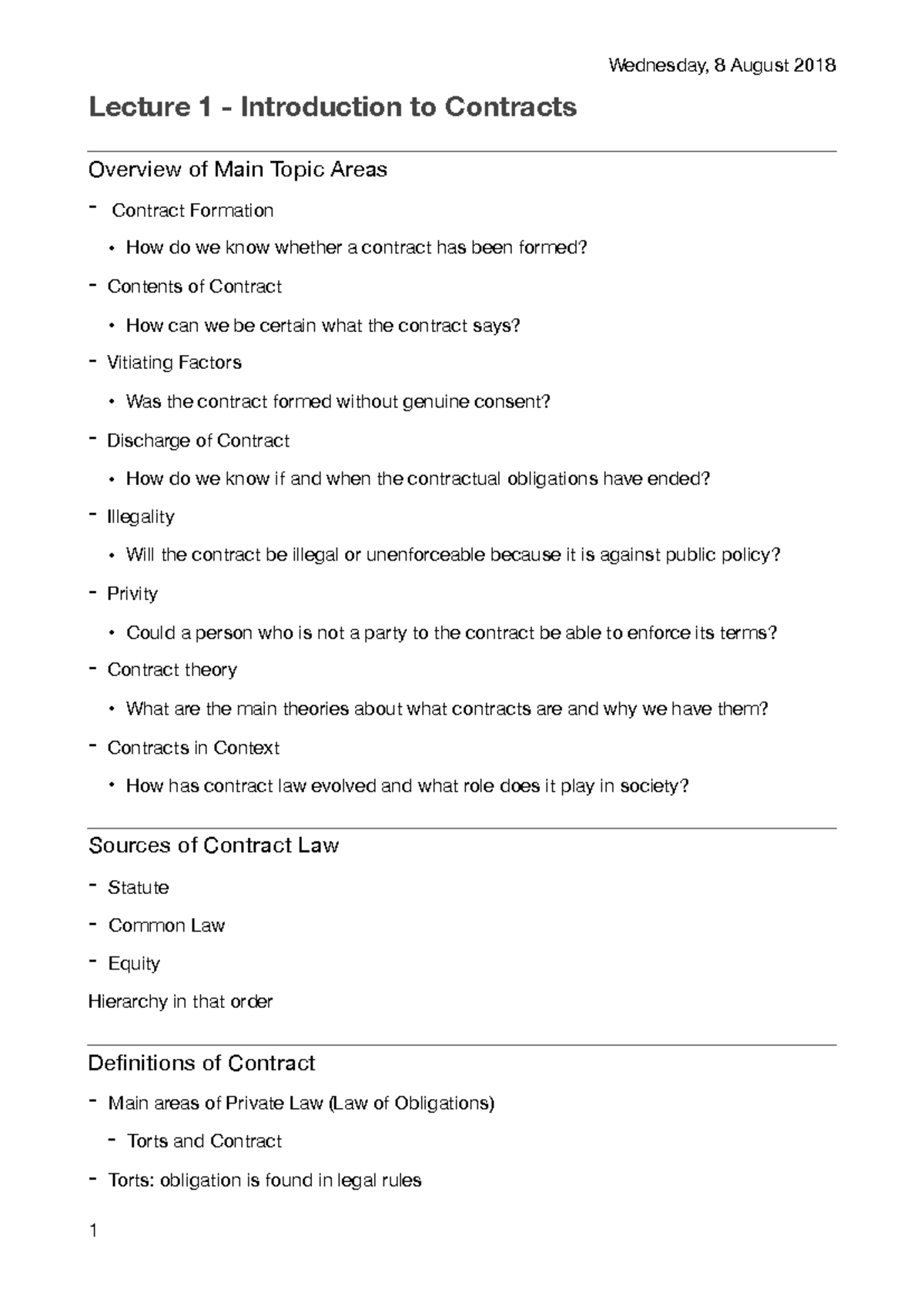 Contracts Detailed Lecture Notes - Wednesday, 8 August 2018 Lecture 1 ...