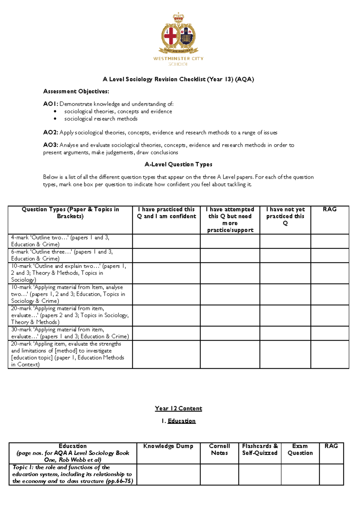 A Level Sociology Year 13 Revision Checklist (AQA) - Studocu