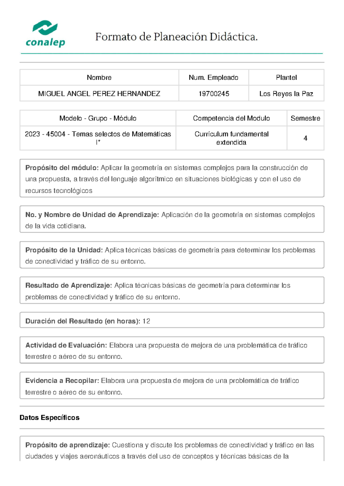 Planeación del Módulo de Geometría Aplicada TSO 45004 Semestre 2023 - Document Preview