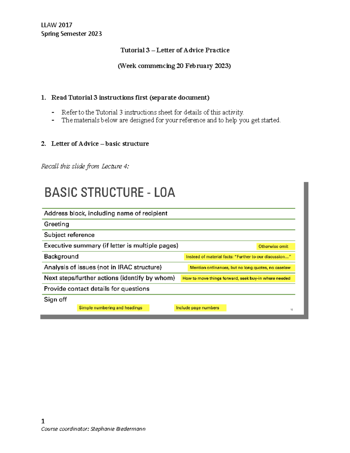 Tutorial 3: Letter of Advice Practice Handout for Spring 2023 - Studocu