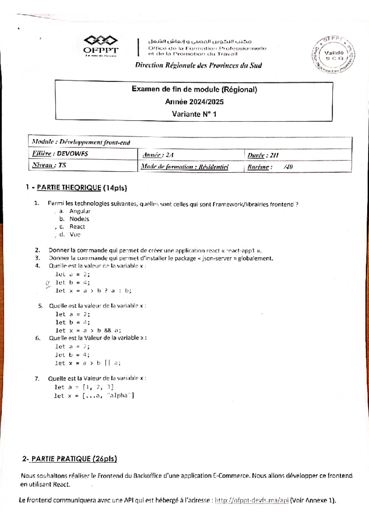 Examen de fin de module DEVOWFS 2A - Développement Frontend (Régional ...