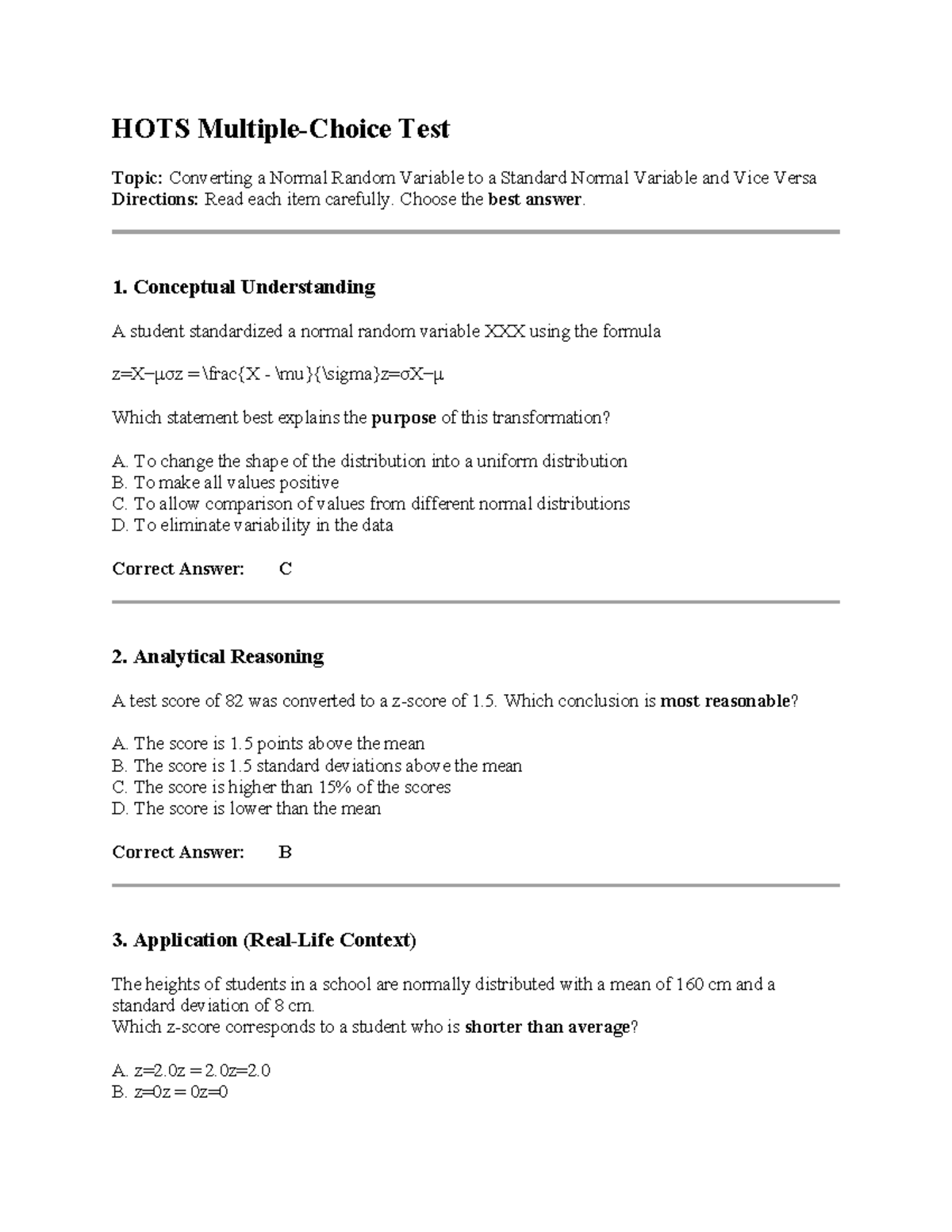 HOTS Test: Converting Normal Variables & Sampling Distributions for ...
