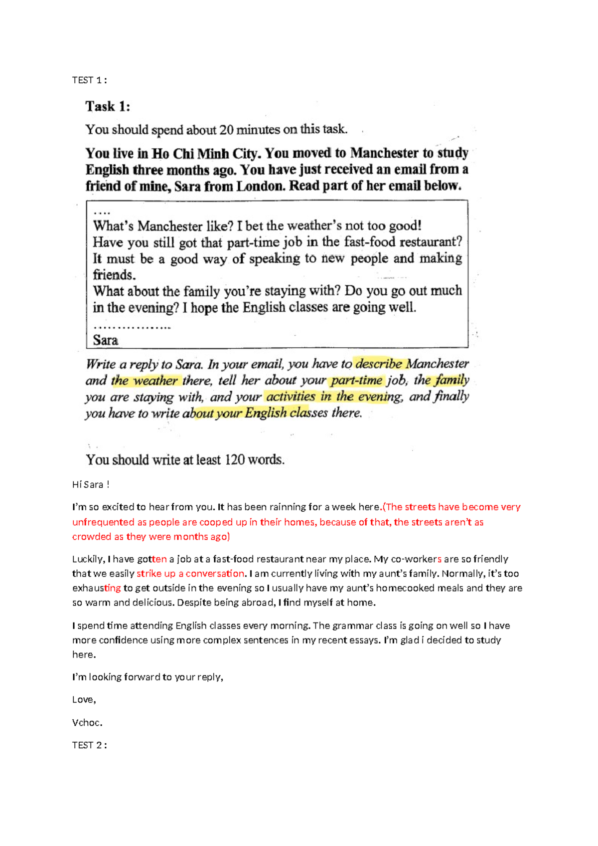 Writing TASK1: Personal Letters and Experiences (Revised) - Studocu