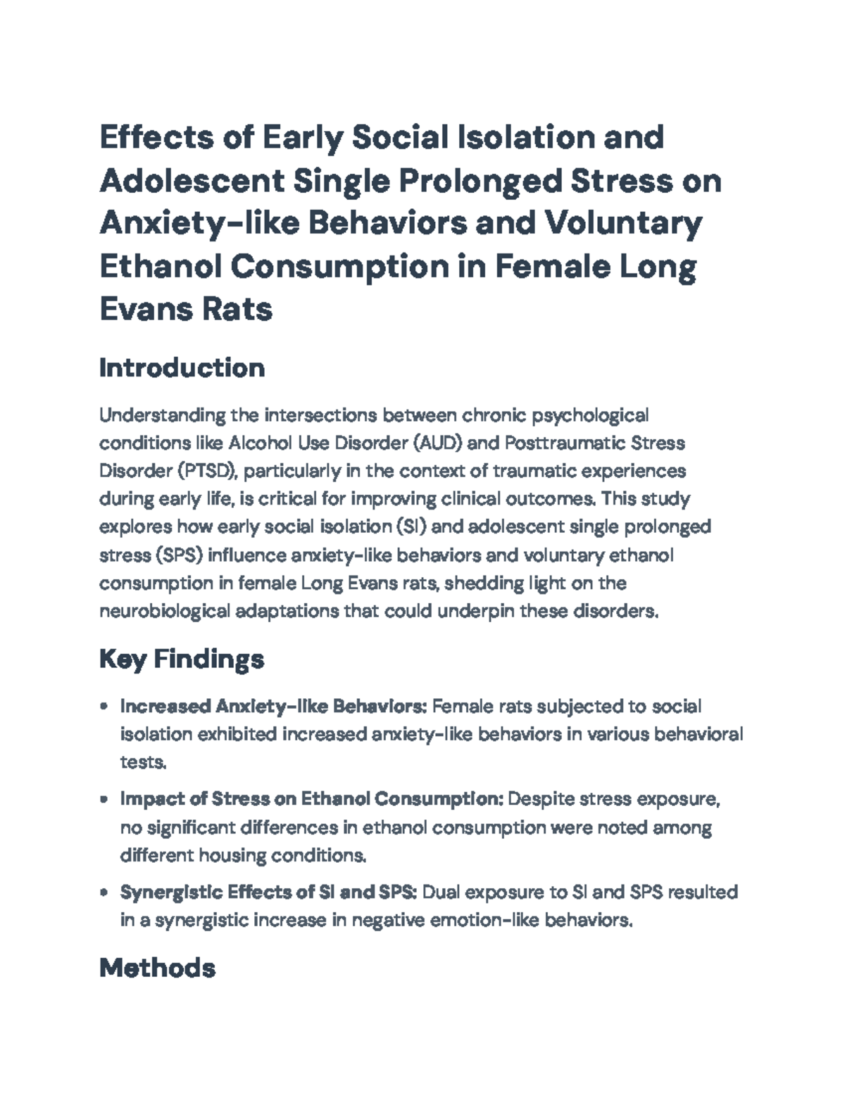 Effects of Early Social Isolation and Stress on Anxiety in Female Rats ...