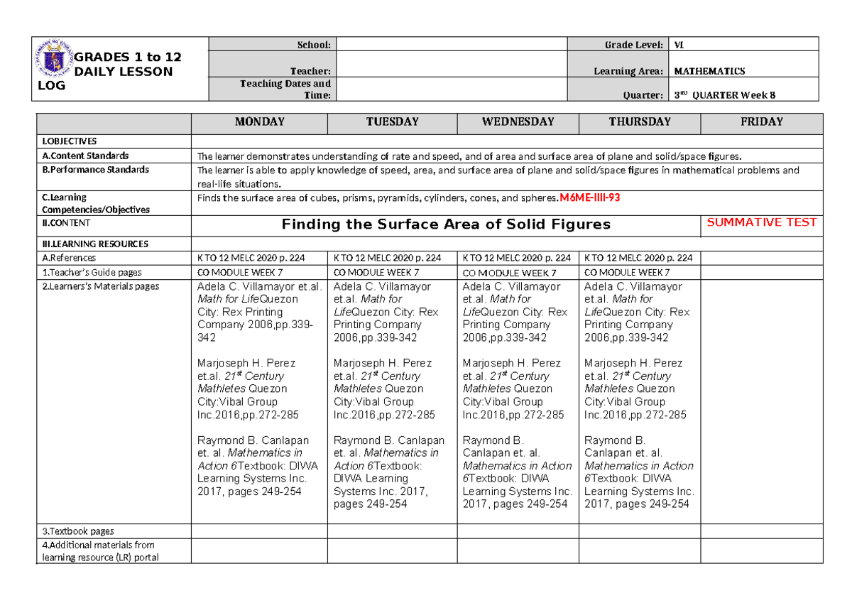 DLL Mathematics 6 Q3 W8 - Daily Lesson Log on Surface Area Concepts ...