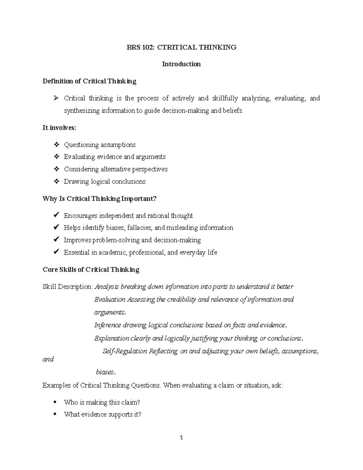 BRS 102: Essential Concepts and Skills in Critical Thinking - Studocu