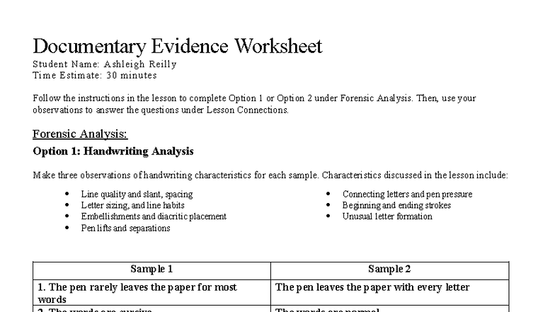 Forensic Analysis Worksheet: Handwriting & Document Evidence - Studocu
