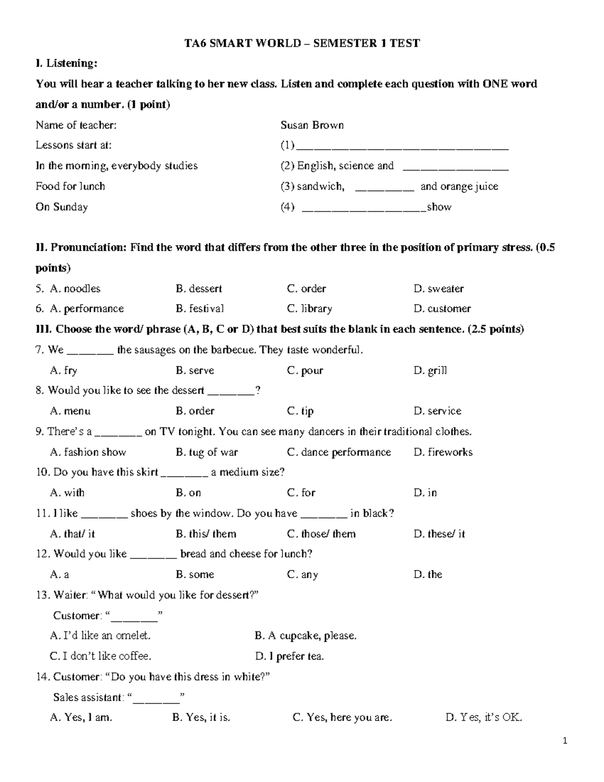 TA6 - Smart World Semester 1 Test I: Listening & Reading Comprehension ...