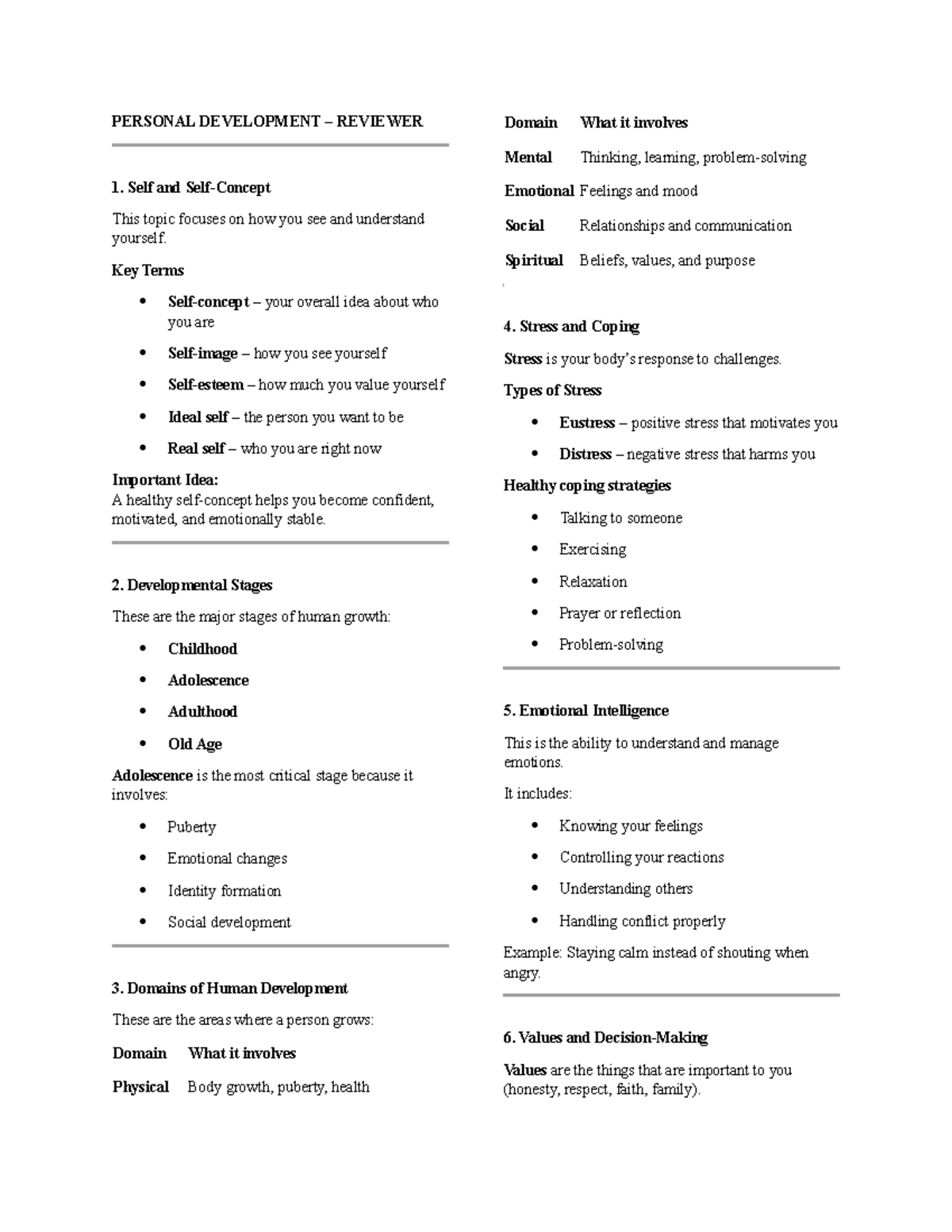 Personal Development Reviewer: Key Concepts and Stages - Studocu