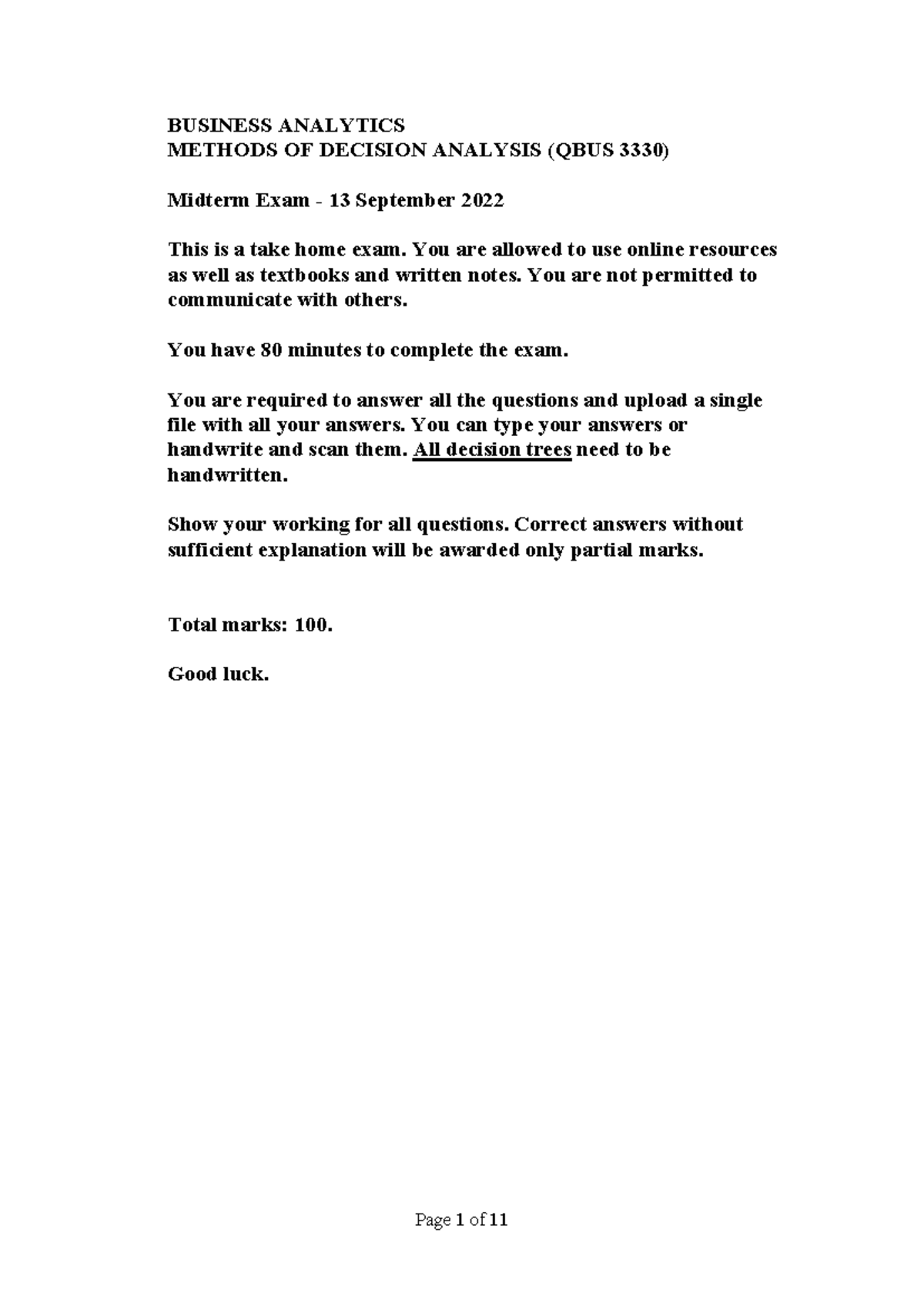 Midterm Exam Solutions for QBUS 3330 - Business Analytics - Studocu