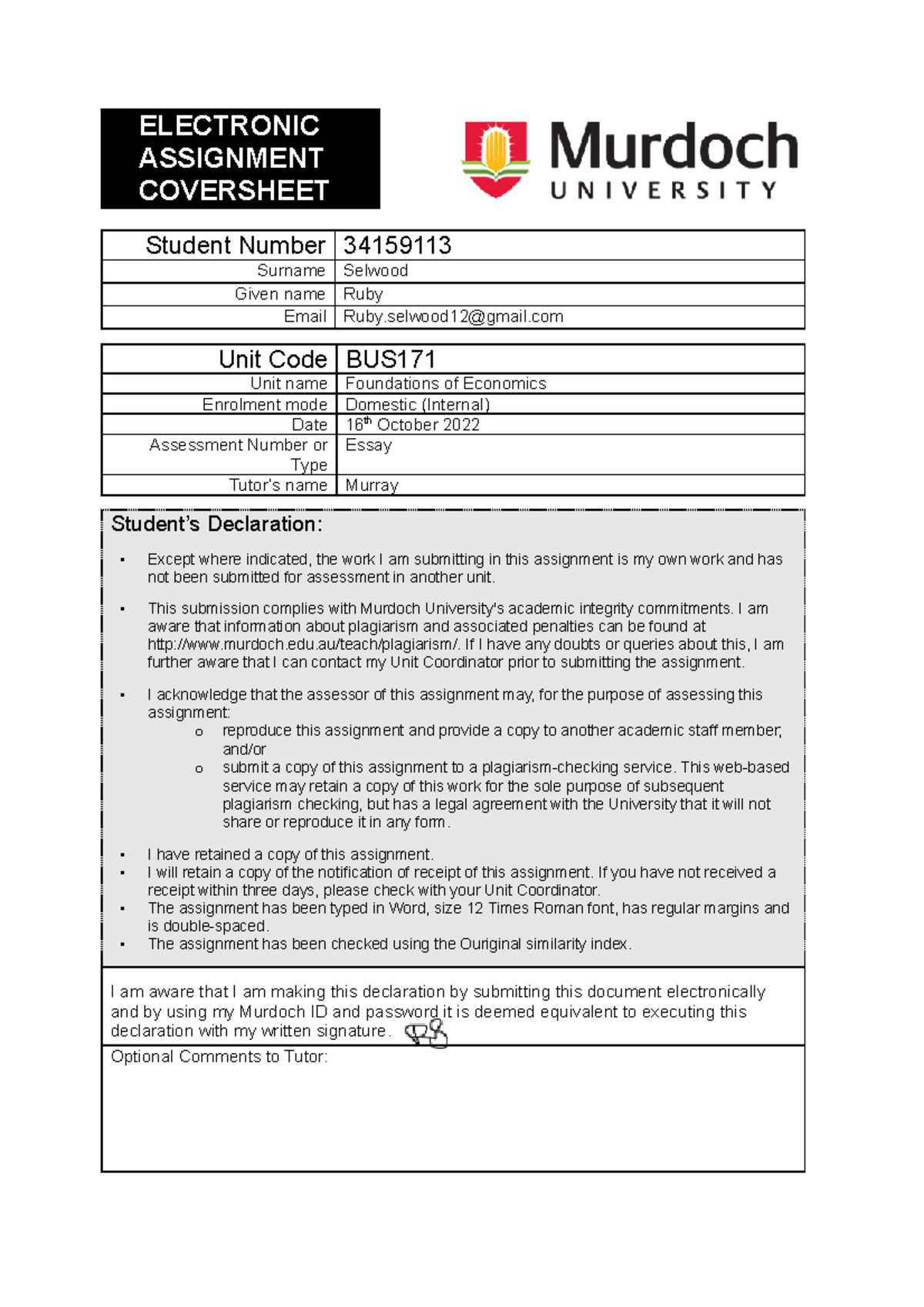 BUS171 Assignment essay - ELECTRONIC ASSIGNMENT COVERSHEET Student ...