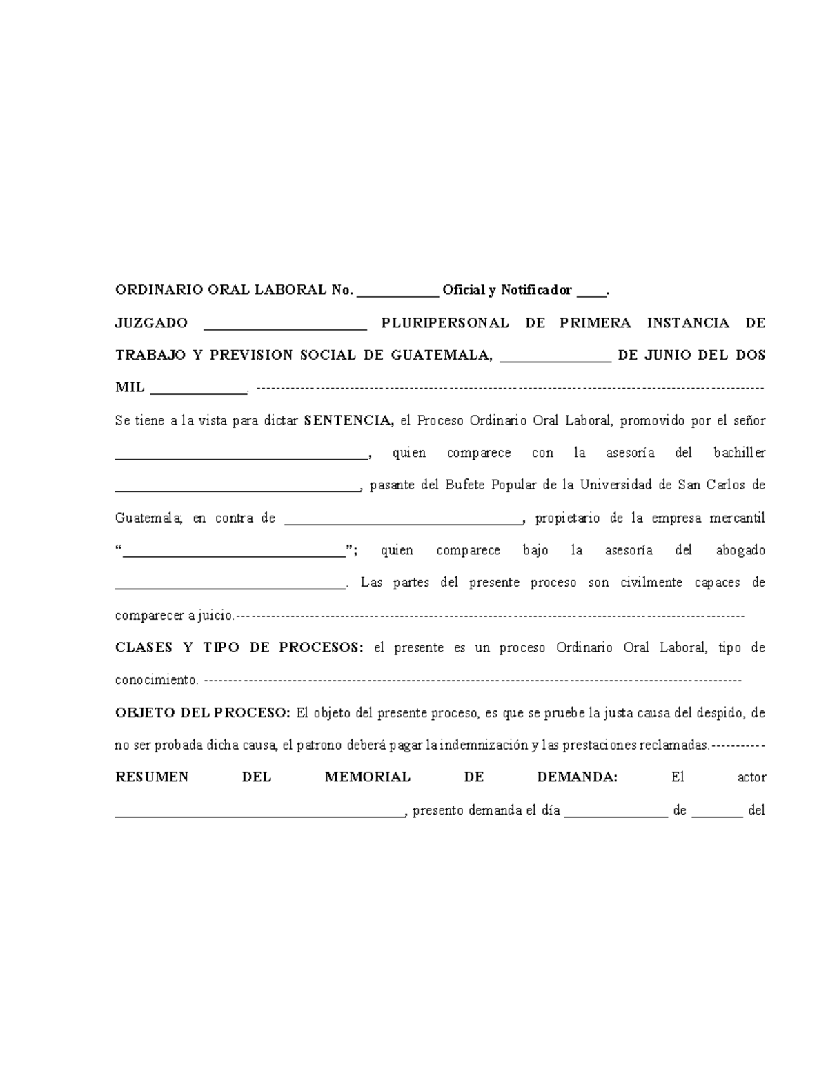 Sentencia Ordinaria Oral Laboral Ejemplo - Juzgado de Trabajo - Studocu